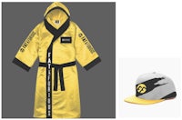 a yellow robe, hat and hoodie