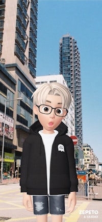 a girl in a black jacket standing in front of a building