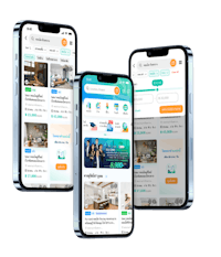 three iphones displaying a hotel booking app