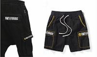 a pair of black and yellow cargo shorts